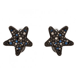 Сережки з золота у білому з чорним кольорі з білими та жовтими діамантами та синіми корундами 01-200264700