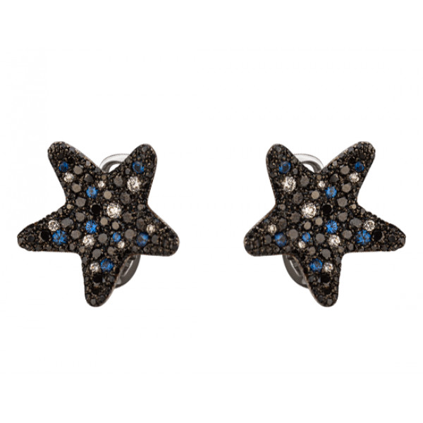 Серьги из золота в белом с черным цвете с белыми и желтыми бриллиантами и синими корундами
