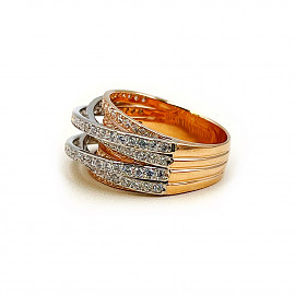 Золота каблучка у червоному з білим кольорі з цирконом