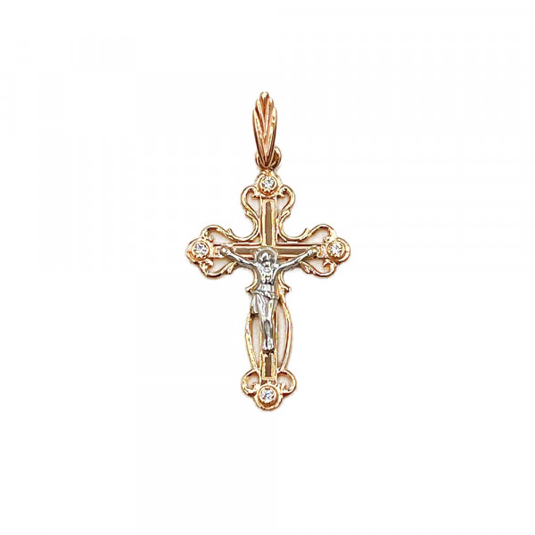 Хрестик з золота у червоному з білим кольорі з цирконом