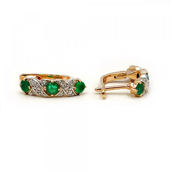 Золоті сережки у червоному з білим кольорі з зеленими берилами та жовтими діамантами