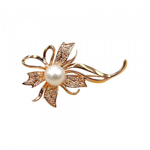 Брошка з золота з перлиною та цирконом