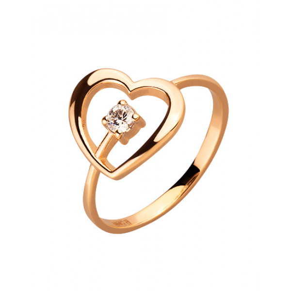 Золотое кольцо красного цвета с цирконом «Сердце»