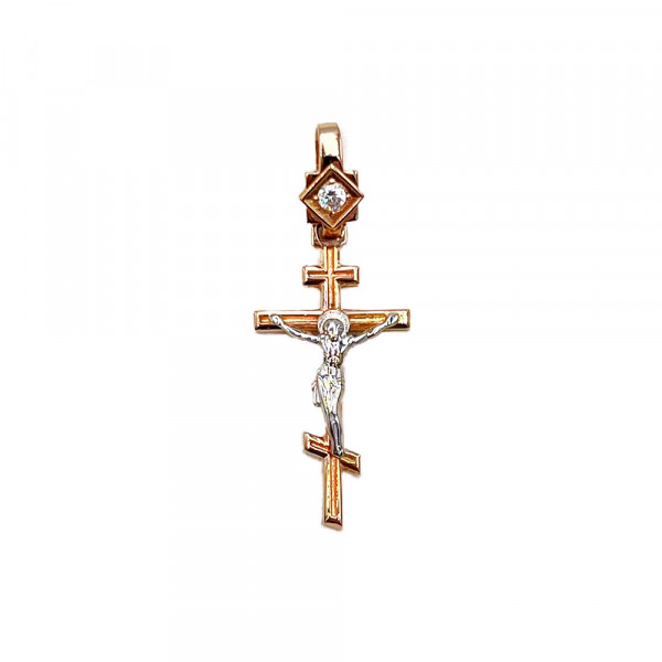 Крестик из красного с белым золота с цирконом