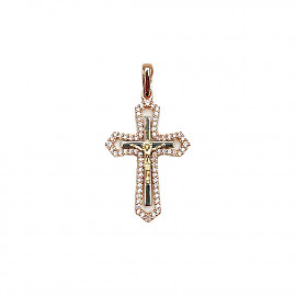 Хрестик з червоного з жовтим та білим золота з цирконом 01-200889008