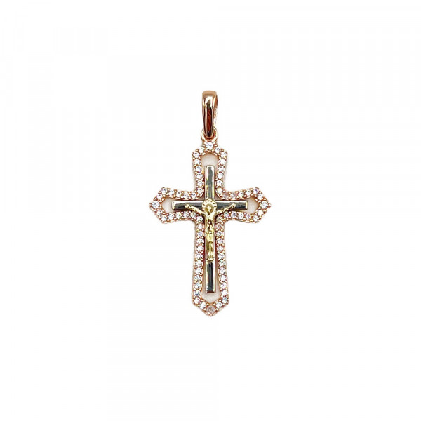 Хрестик з червоного з жовтим та білим золота з цирконом