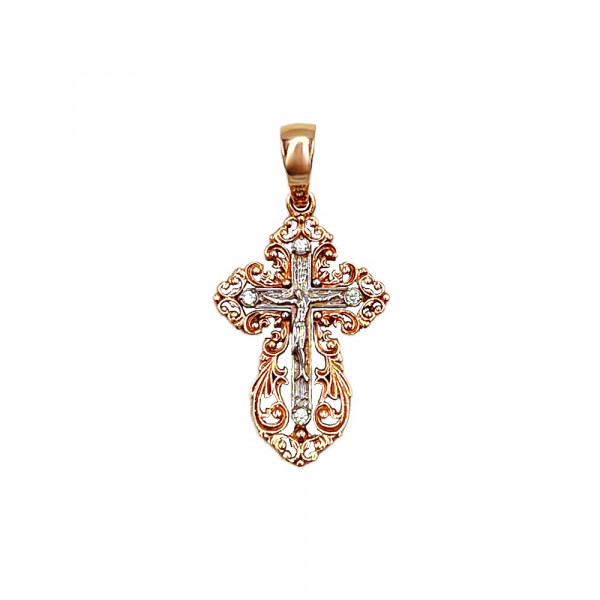 Золотой крестик красного с белым цвета с цирконом