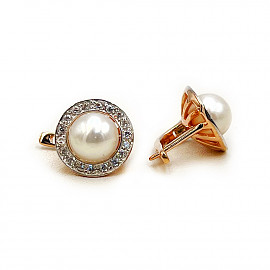 Серьги из красного с белым золота с жемчугом и цирконом 01-200742309