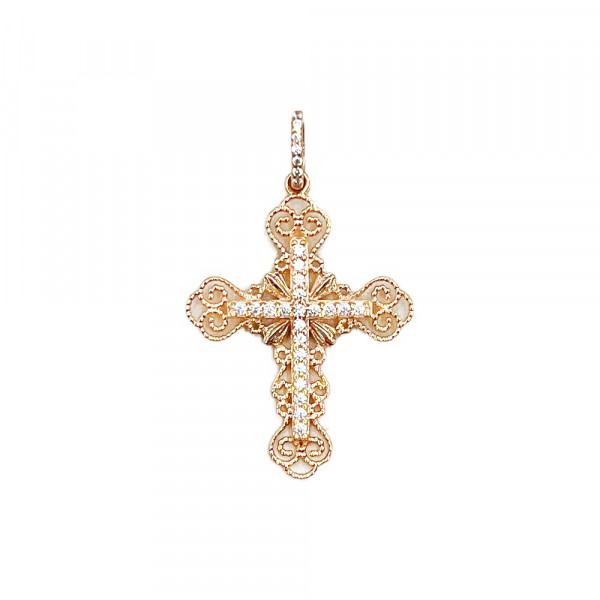 Золотой крестик красного цвета с цирконом