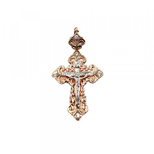 Золотий хрестик у червоному з білим кольорі з цирконом