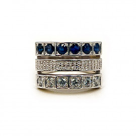 Кольцо из золота белого цвета с синими корундами, желтыми бриллиантами и цирконом 01-200905012