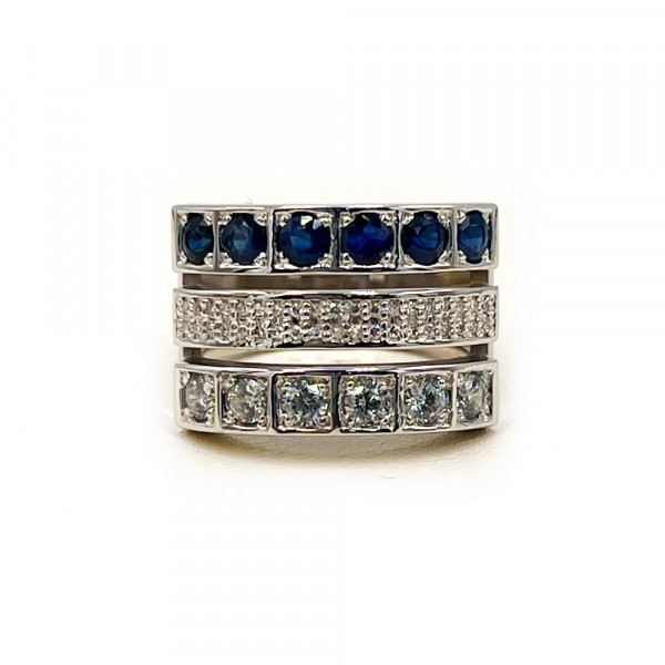 Кольцо из золота белого цвета с синими корундами, желтыми бриллиантами и цирконом