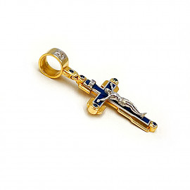 Крестик из золота в желтом с белым цвете с эмалью и цирконом