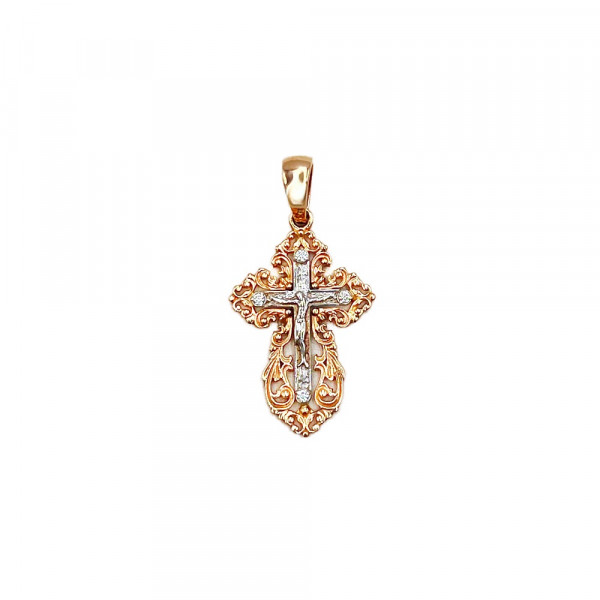 Золотой крестик красного с белым цвета с цирконом