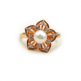 Каблучка з червоного золота з перлиною та цирконом «Квітка» 01-200135115