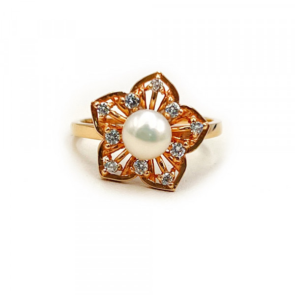 Каблучка з червоного золота з перлиною та цирконом «Квітка»