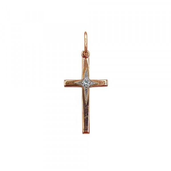 Золотой крестик в красном с белым цвете с желтым бриллиантом