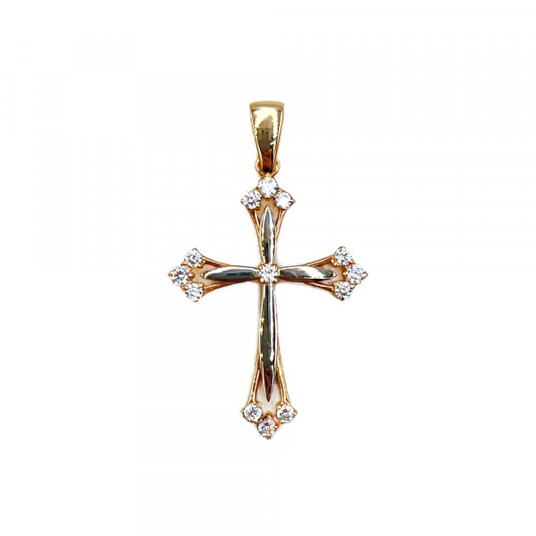 Золотой крестик красного с белым цвета с цирконом