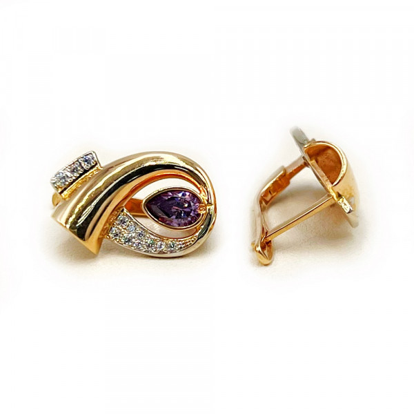 Золоті сережки червоного з білим кольору з цирконом