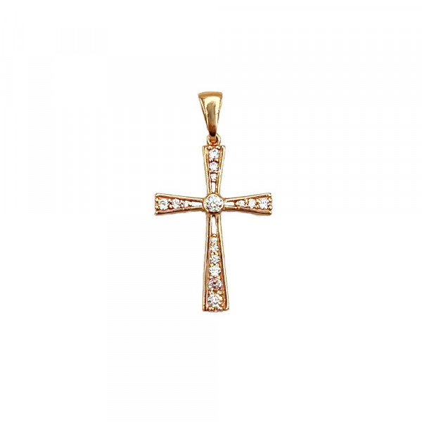 Золотой крестик в красном цвете с цирконом