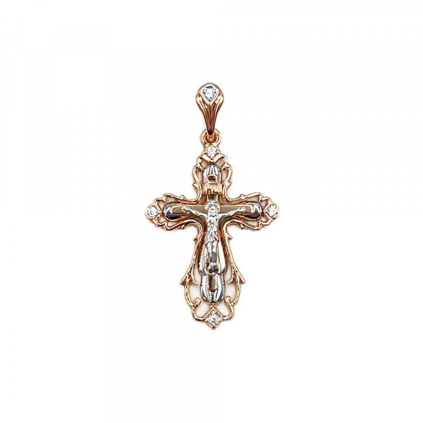 Золотой крестик красного с белым цвета с цирконом