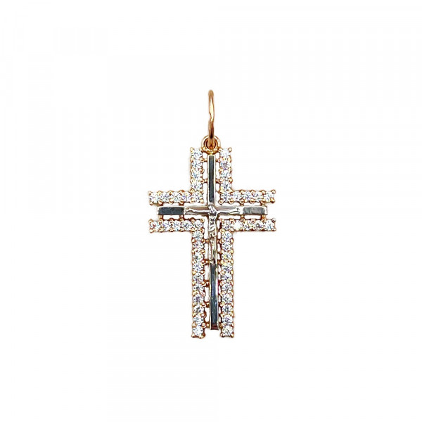 Крестик из золота красного с белым цвета с цирконом