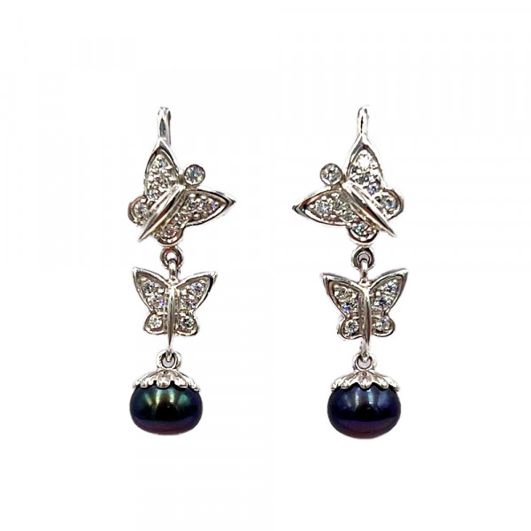 Золоті сережки білого кольору з перлиною та цирконом