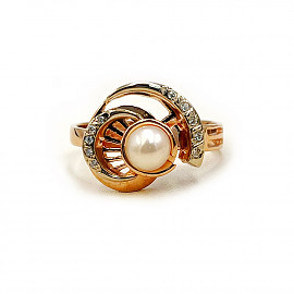 Золотое кольцо в красном с белым цвете с жемчугом и цирконом 01-200757321