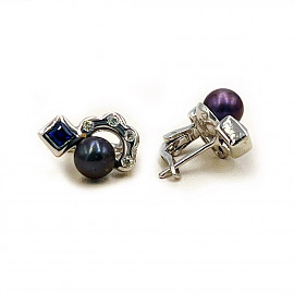 Сережки з золота білого кольору з синіми корундами, жовтими діамантами та перлиною 01-200912222