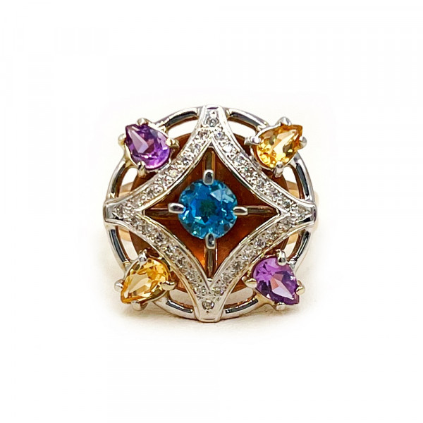 Золотое кольцо с голубым топазом, сиреневыми аметистами, цитринами и бриллиантами