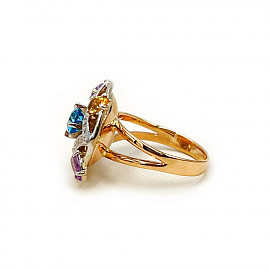 Золотое кольцо с голубым топазом, сиреневыми аметистами, цитринами и бриллиантами