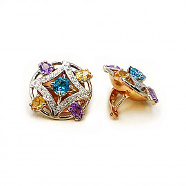 Золотые серьги в красном с белым цвете с голубыми топазами, желтыми цитринами, аметистами и бриллиантами 01-200779924