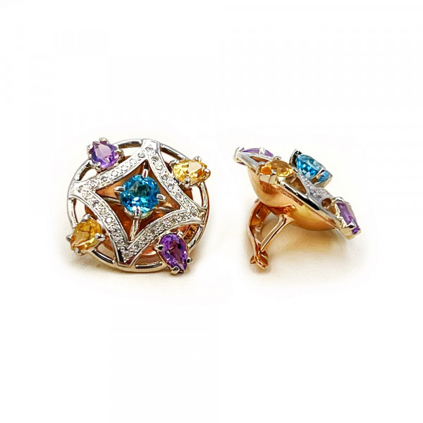 Золотые серьги в красном с белым цвете с голубыми топазами, желтыми цитринами, аметистами и бриллиантами
