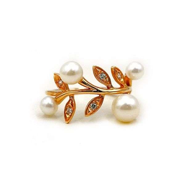 Каблучка з червоного золота з перлиною та цирконом «Гілка»