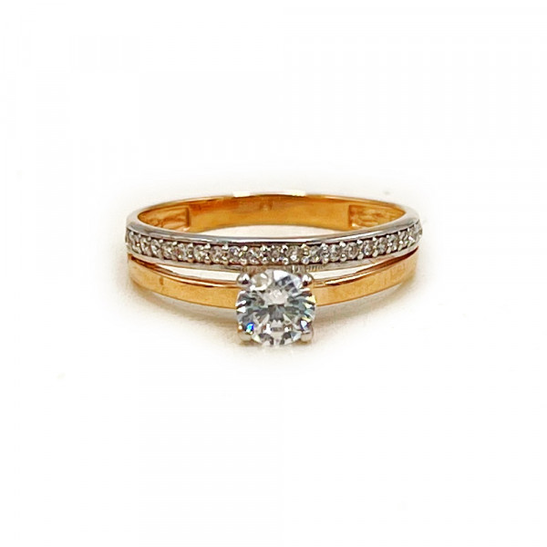 Каблучка з золота у червоному з білим кольорі з цирконом