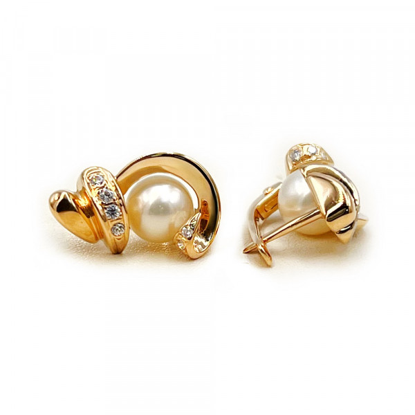 Сережки з золота у червоному з білим кольорі з перлиною та цирконом