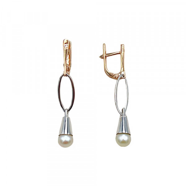 Золоті сережки у червоному з білим кольорі з перлиною