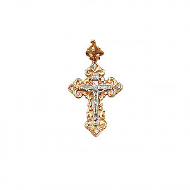 Золотий хрестик у червоному з білим кольорі з цирконом 01-200244627