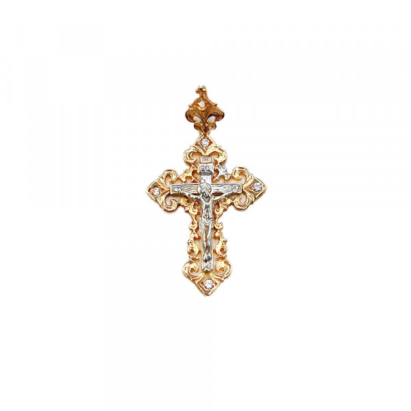 Золотий хрестик у червоному з білим кольорі з цирконом