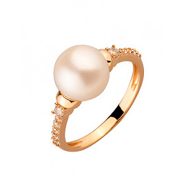 Золотое кольцо в красном цвете с жемчугом и цирконом 01-200034228
