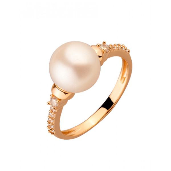 Золотое кольцо в красном цвете с жемчугом и цирконом