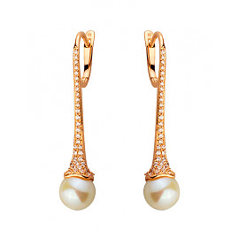Золотые серьги в красном цвете с жемчугом и цирконом 01-19171529