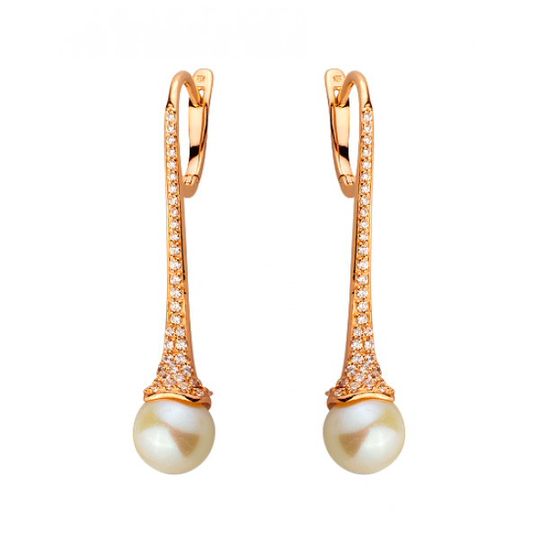 Золотые серьги в красном цвете с жемчугом и цирконом