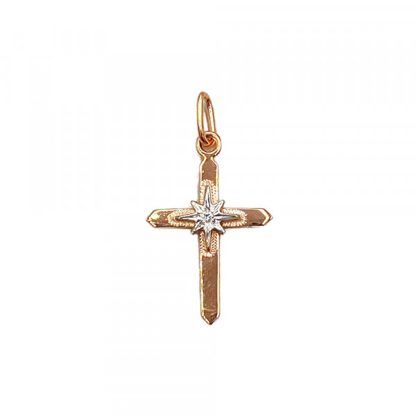 Золотий хрестик червоного з білим кольору з білим діамантом