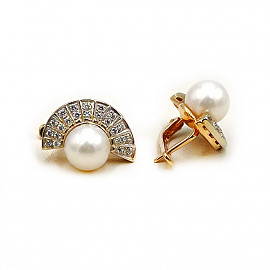 Золотые серьги в красном с белым цвете с жемчугом и цирконом 01-200114231