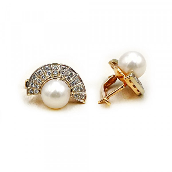 Золотые серьги в красном с белым цвете с жемчугом и цирконом