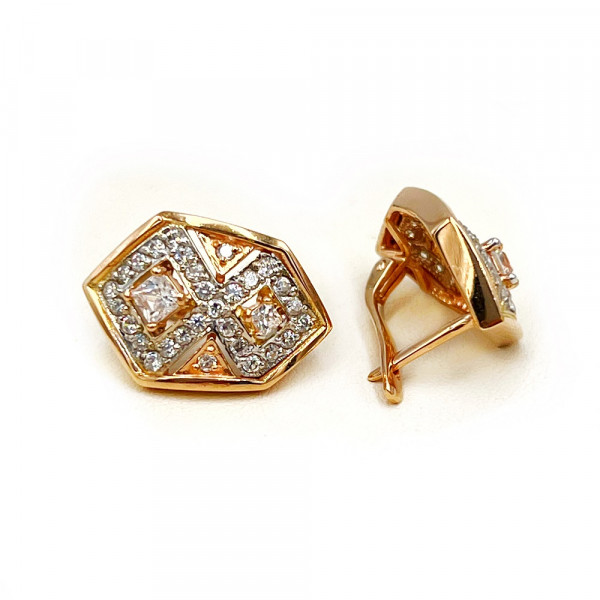 Золотые серьги красного с белым цвета с цирконом