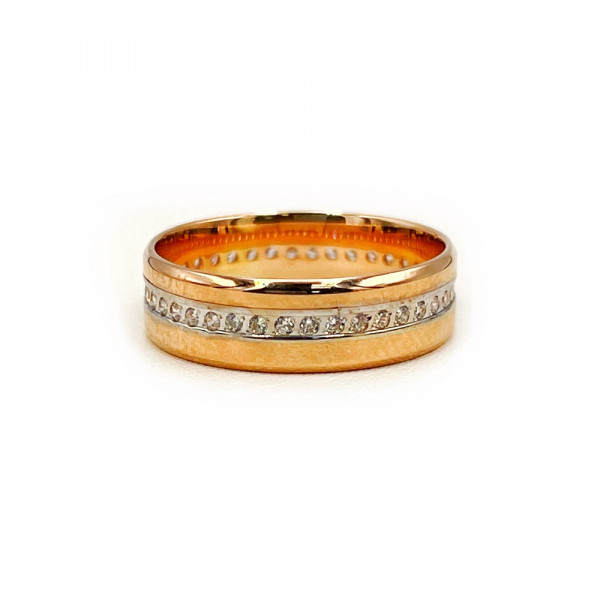 Золота обручка у червоному з білим кольорі з цирконом