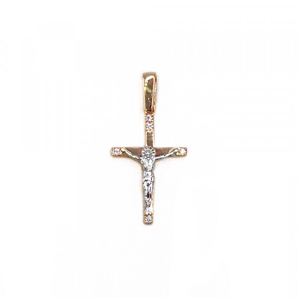Золотий хрестик у червоному з білим кольорі з цирконом