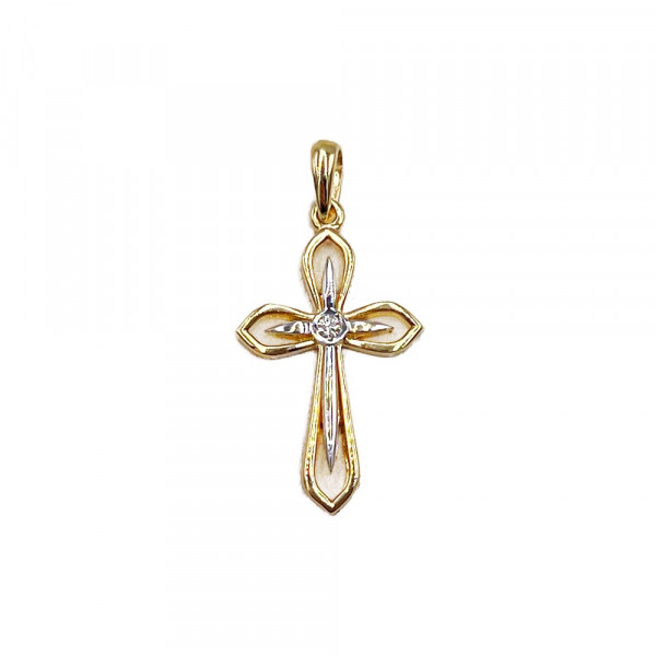 Золотой крестик в желтом с белым цвете с желтым бриллиантом